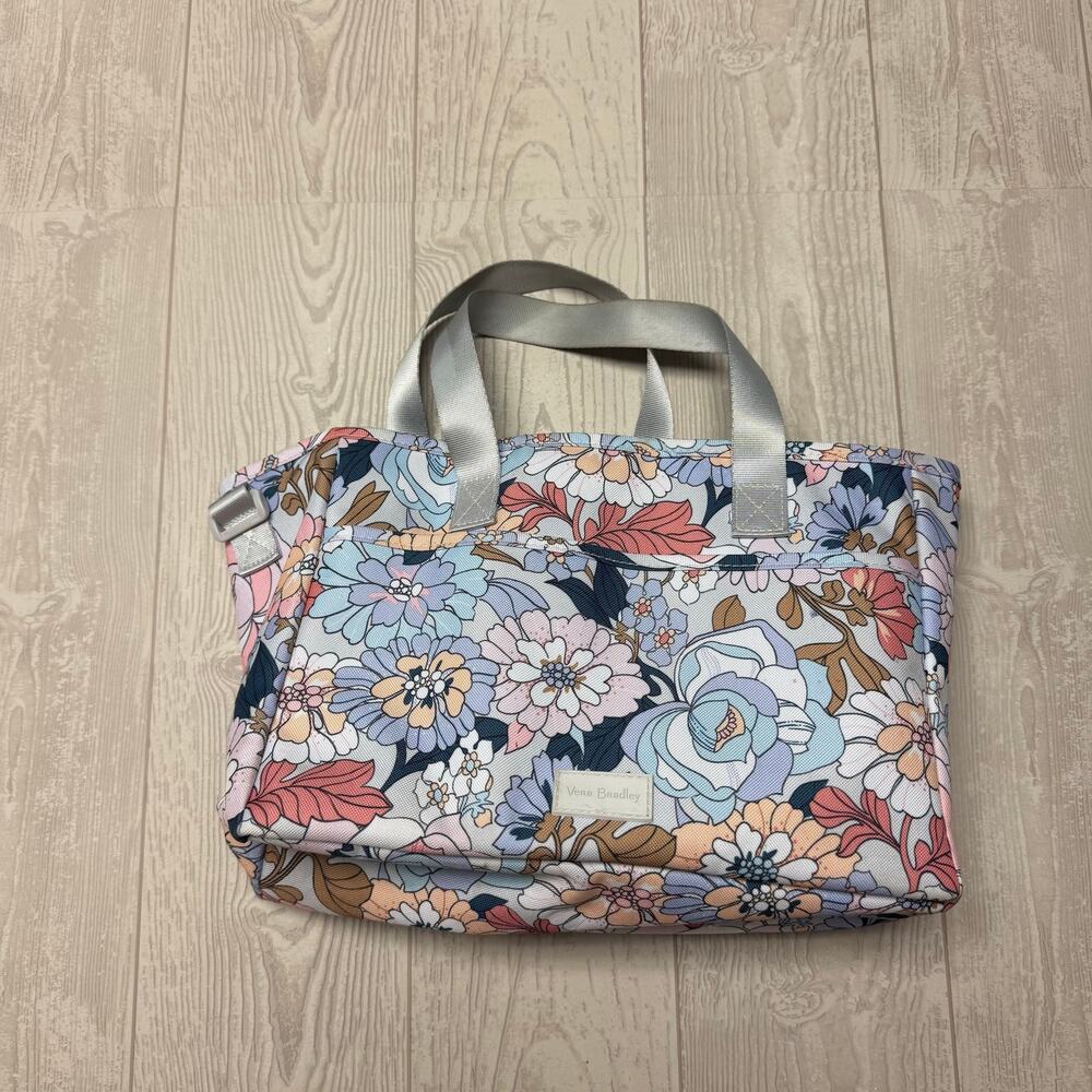 Vera Bradley Aloha Blooms Utility Tote Bag Organizer Pastel Flowers Gray Handles